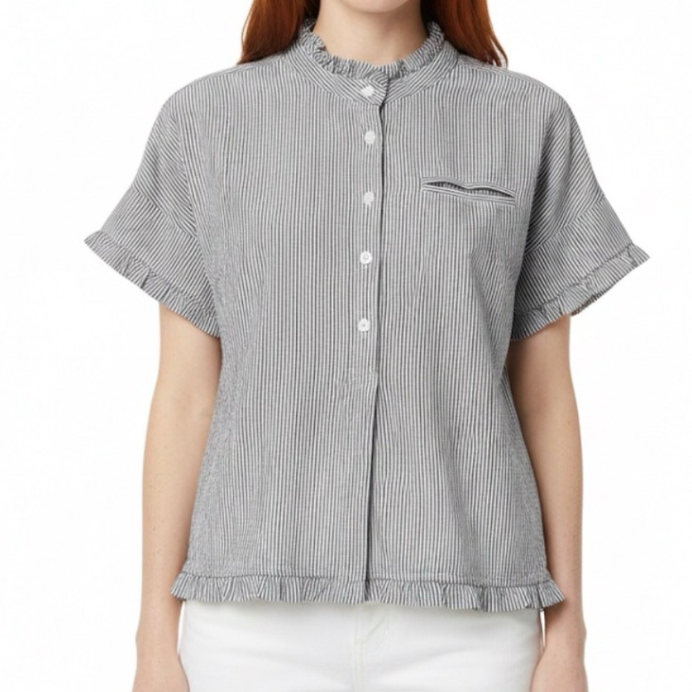 Eskey Gray White Pinstripe‎ Ruffle Trim 100% Cotton Top Size M